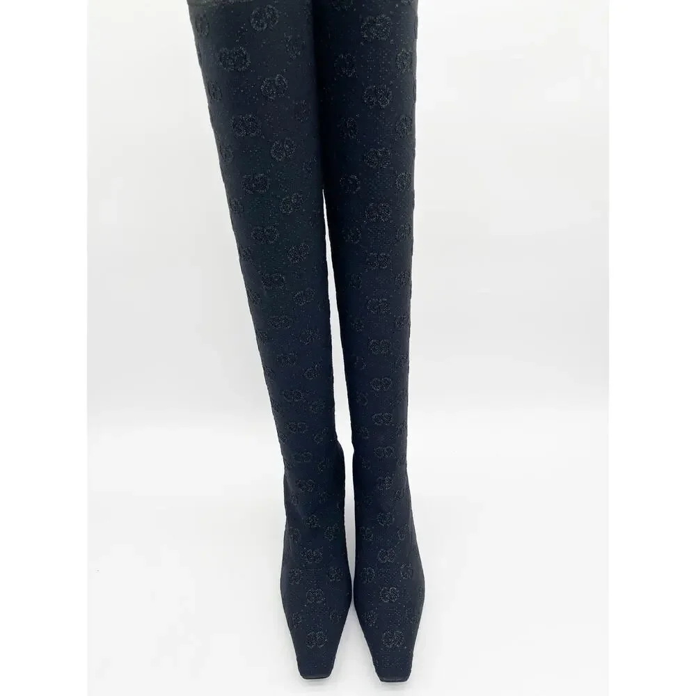 Gucci Demi Black GG Logo Metallic Stretch Knit Over-the-Knee Sock Boots IT 39.5